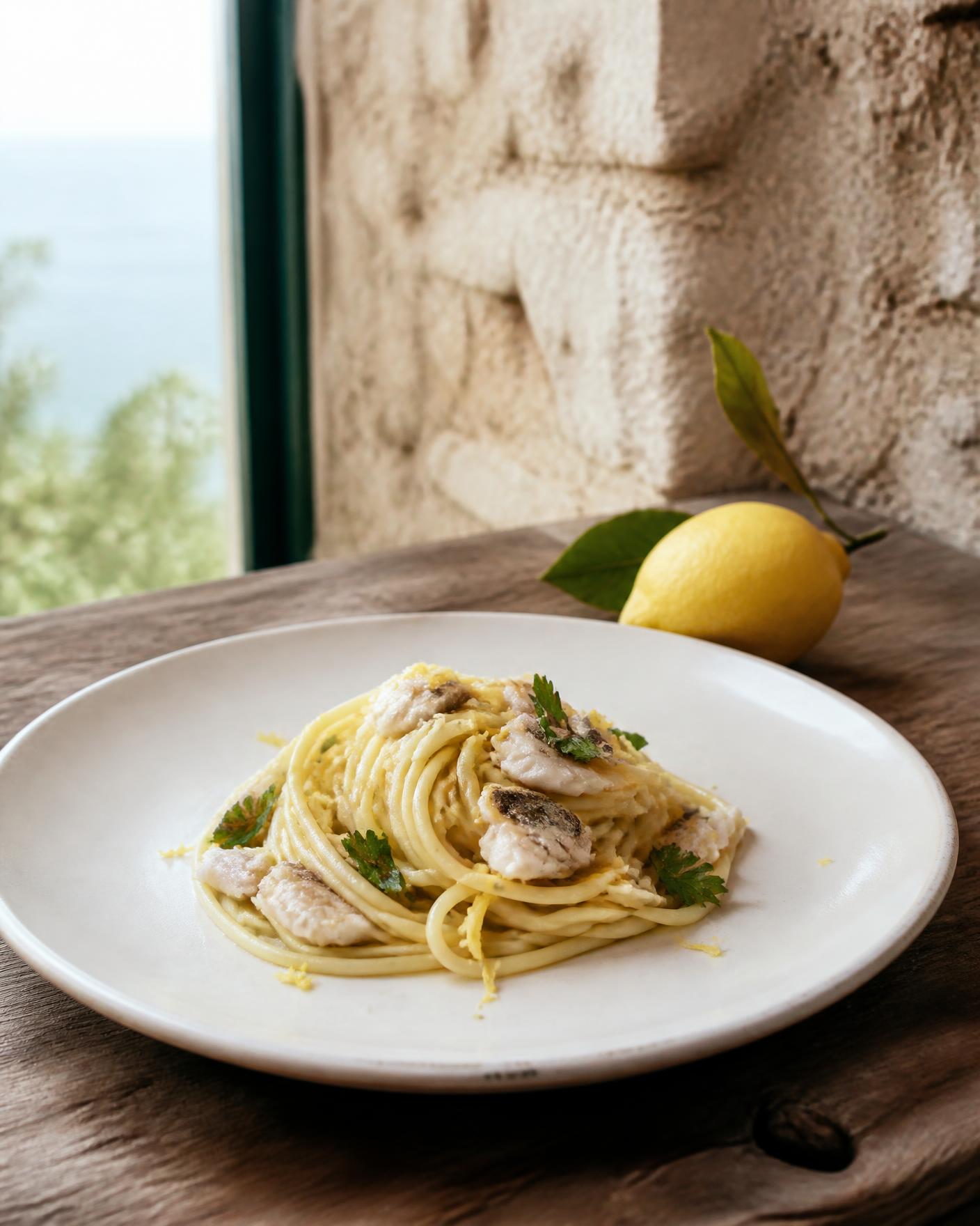 Pasta al limone with sea bass