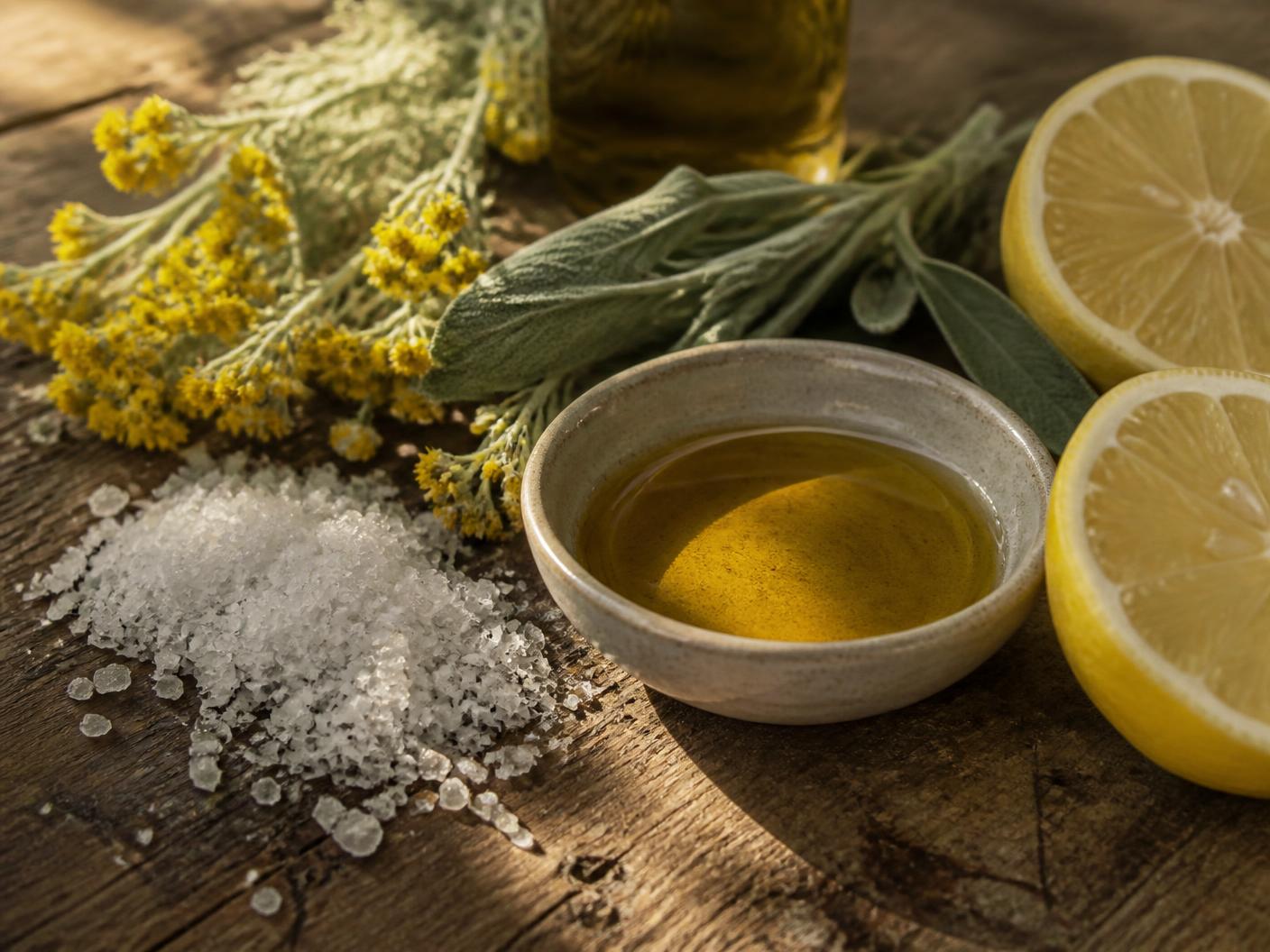 Olive oil, coarse sea salt, sage and wild immortelle on a worn konoba table